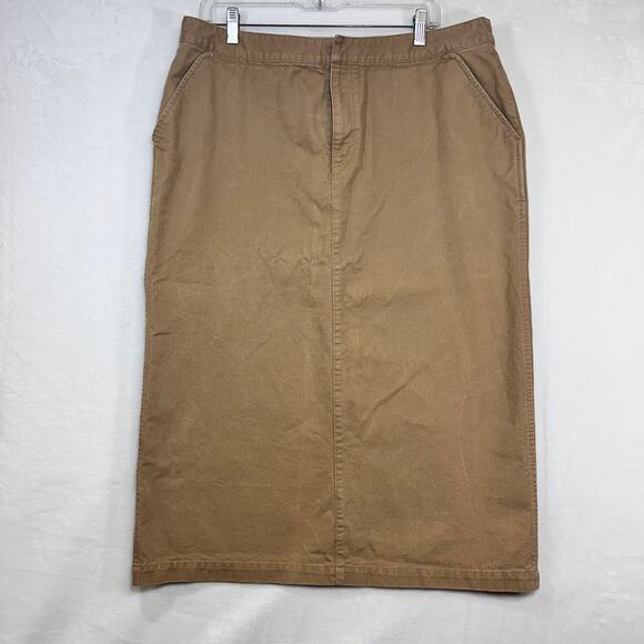 Eddie Bauer Midi Pencil Skirt Plus Sz 16 Tan Brown Zipped 100% Cotton Retro Work - Picture 1 of 8